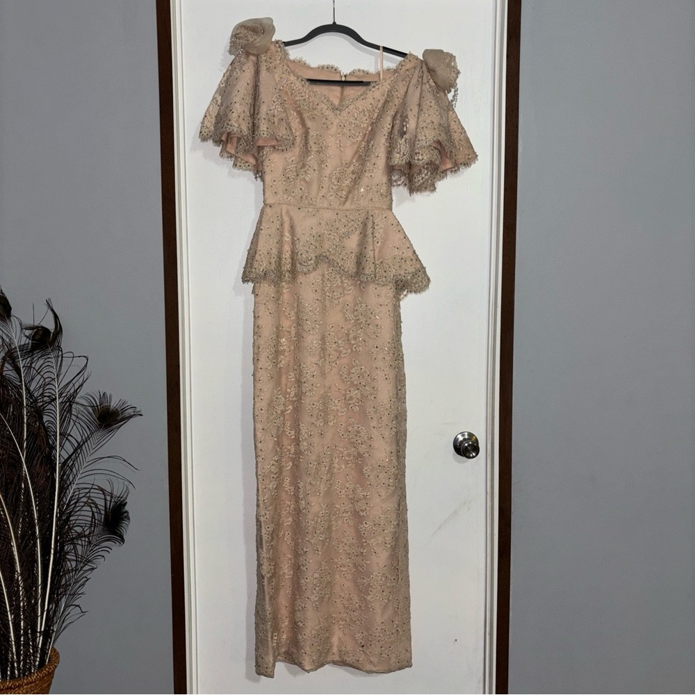 Rose Taft Couture Vintage Gown Beaded Pearl Peplum Dress Designer Peach Pink